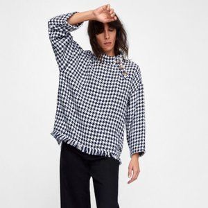 Zara Woman Houndstooth Tweed Fringe Button Top